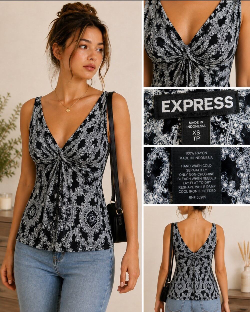 Y2K Indie Sleaze Babydoll Express Twist Front Tank Top XS Black White Paisley
